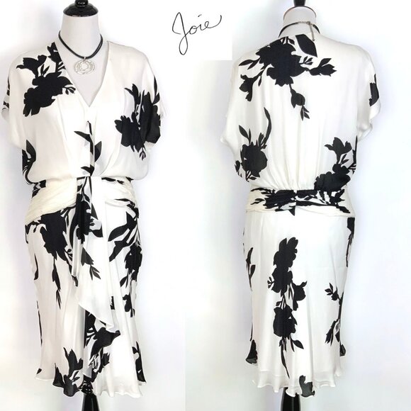 Joie Ashleena Silk Floral Dress In White And Black Size 12 - Picture 3 of 16